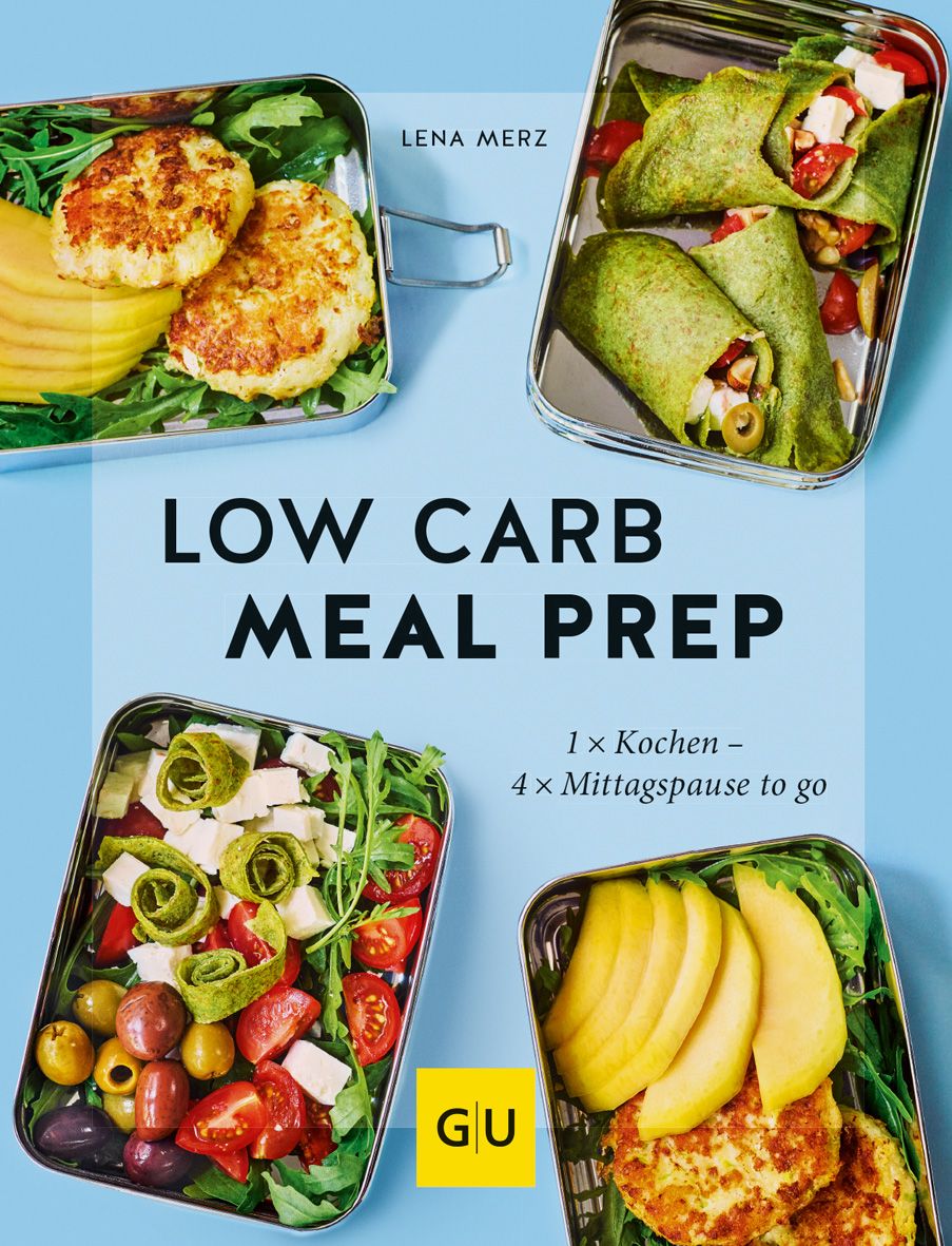 Buchcover mit dem Titel "LOW CARB MEAL PREP". Es zeigt vier Lunchboxen mit verschiedenen Gerichten. Autor: Lena Merz. Verlag: GU.
