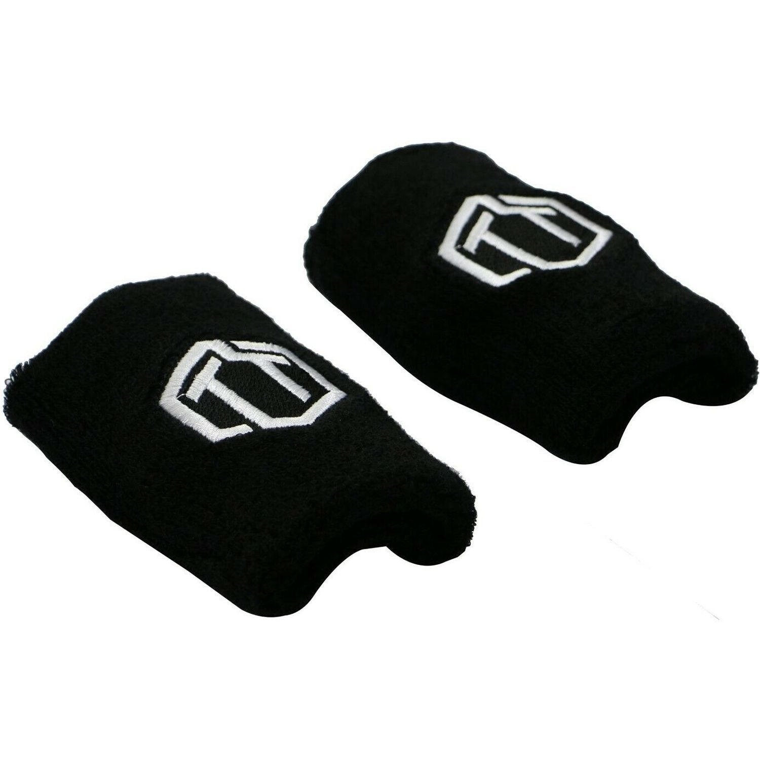 Zwei schwarze Handgelenkschützer mit weißem Logo. Weiches Material, Logo-Stickerei.