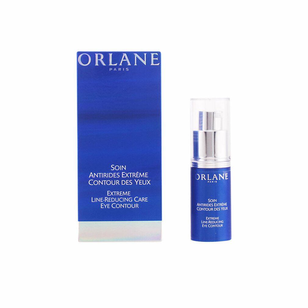 Blau-weiße Verpackung und Flasche. Aufschrift: ORLANE PARIS, SOIN ANTIRIDES EXTRÊME CONTOUR DES YEUX, EXTREME LINE-REDUCING CARE EYE CONTOUR.