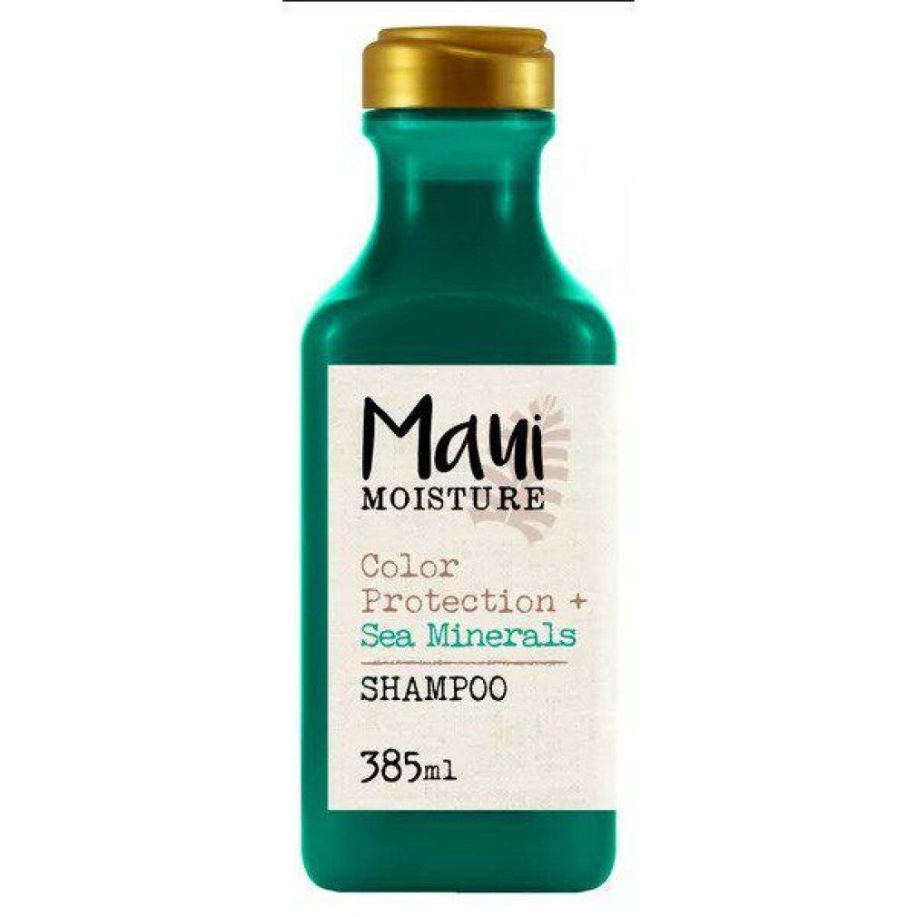 Grüne Shampoo-Flasche mit goldfarbenem Deckel. Etikett mit "Maui Moisture", "Color Protection + Sea Minerals" und "Shampoo".
