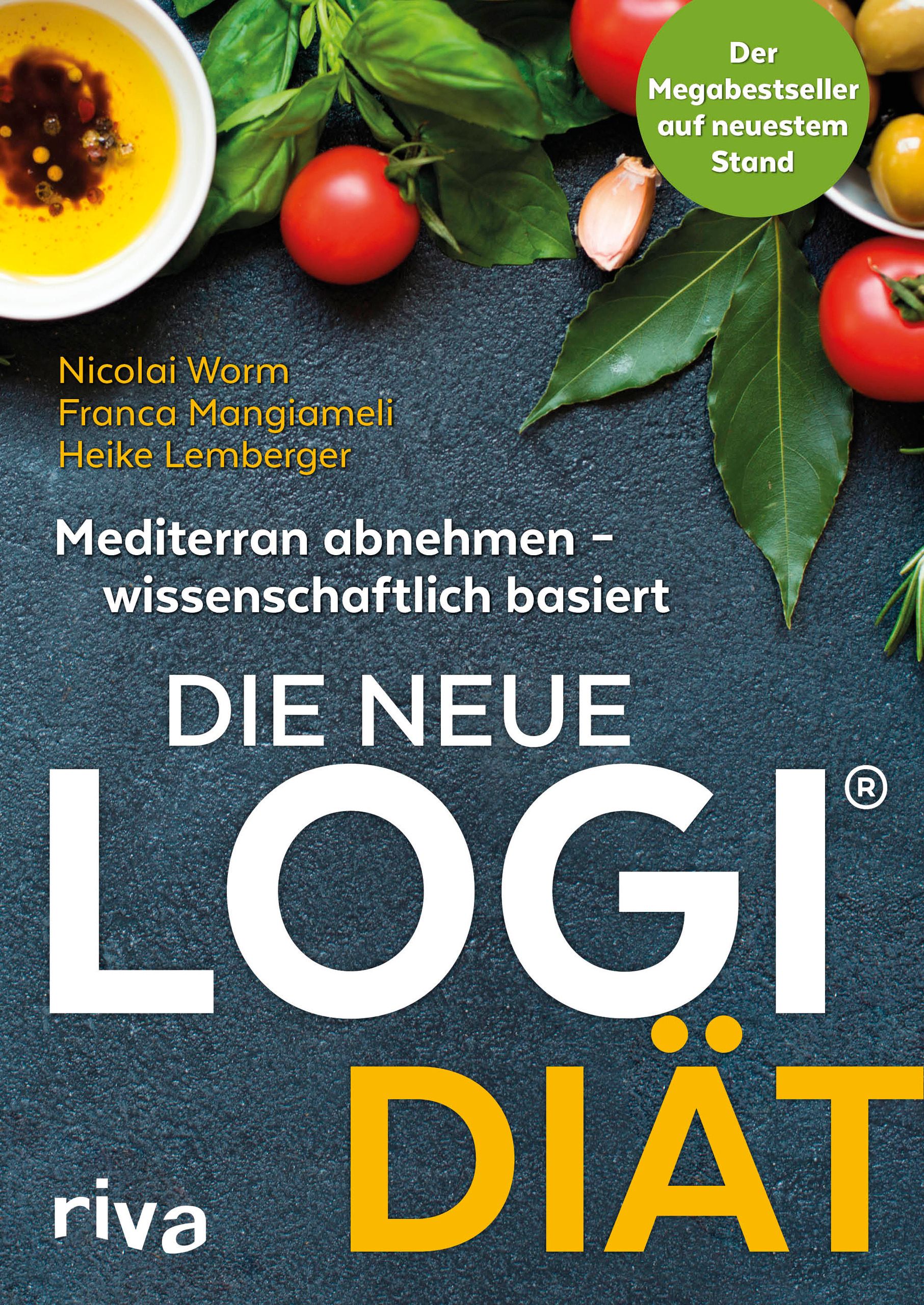 Buchcover mit Titel "Die neue LOGI-Diät". Autoren: Worm, Mangiameli, Lemberger. Aufschrift: Mediterran abnehmen - wissenschaftlich basiert. Mit Gemüse.