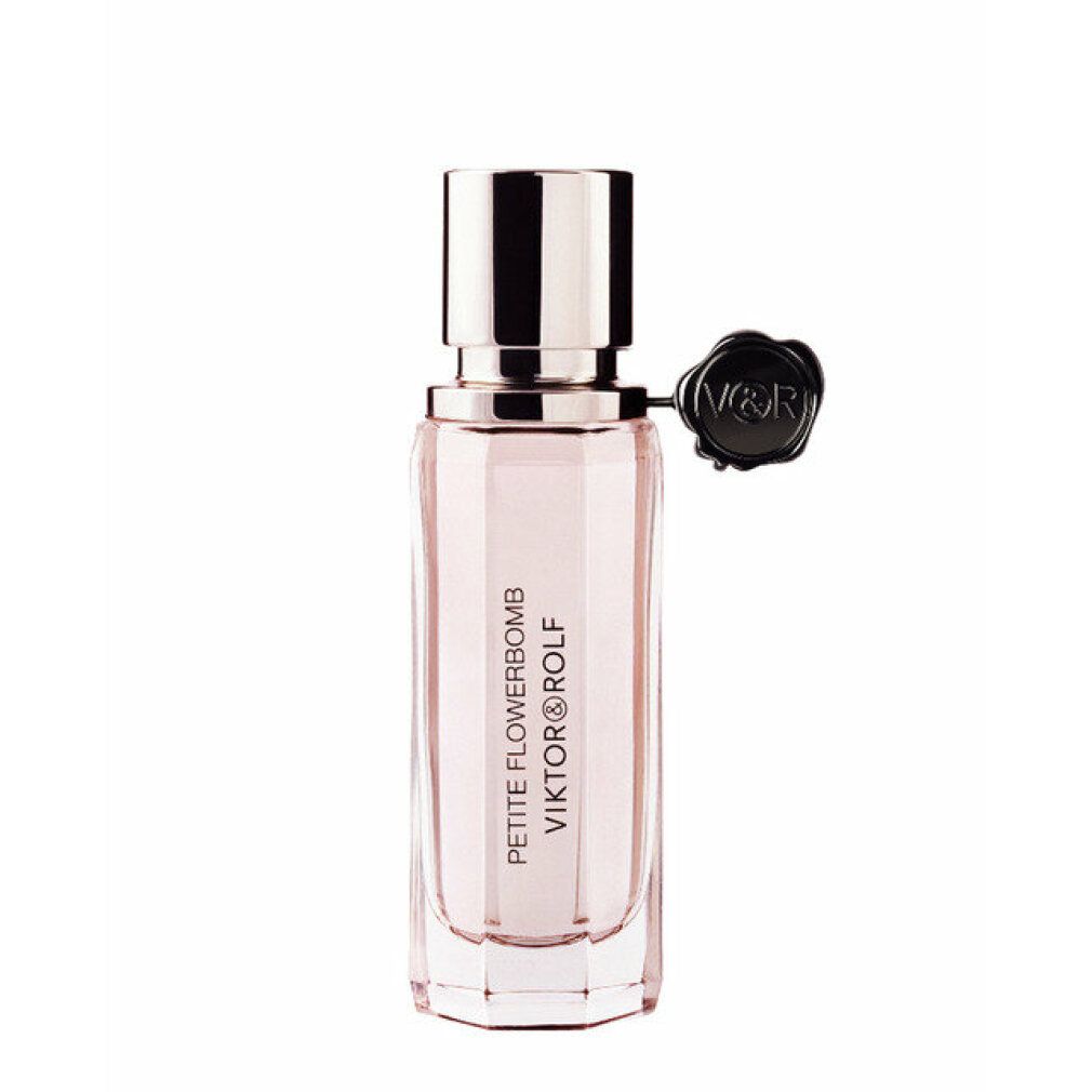 Parfümflakon mit rosa Flüssigkeit. Aufschrift: PETITE FLOWERBOMB VIKTOR&ROLF. Schwarze Verschlusskappe mit Logo.