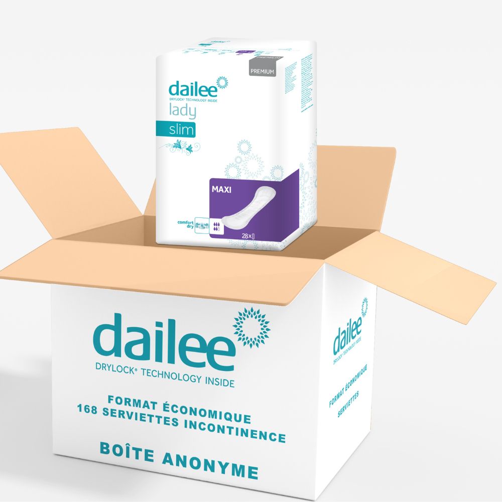Dailee Lady Slim Maxi dans carton. 168 serviettes. Emballage anonyme. Boîte ouverte avec produit visible.