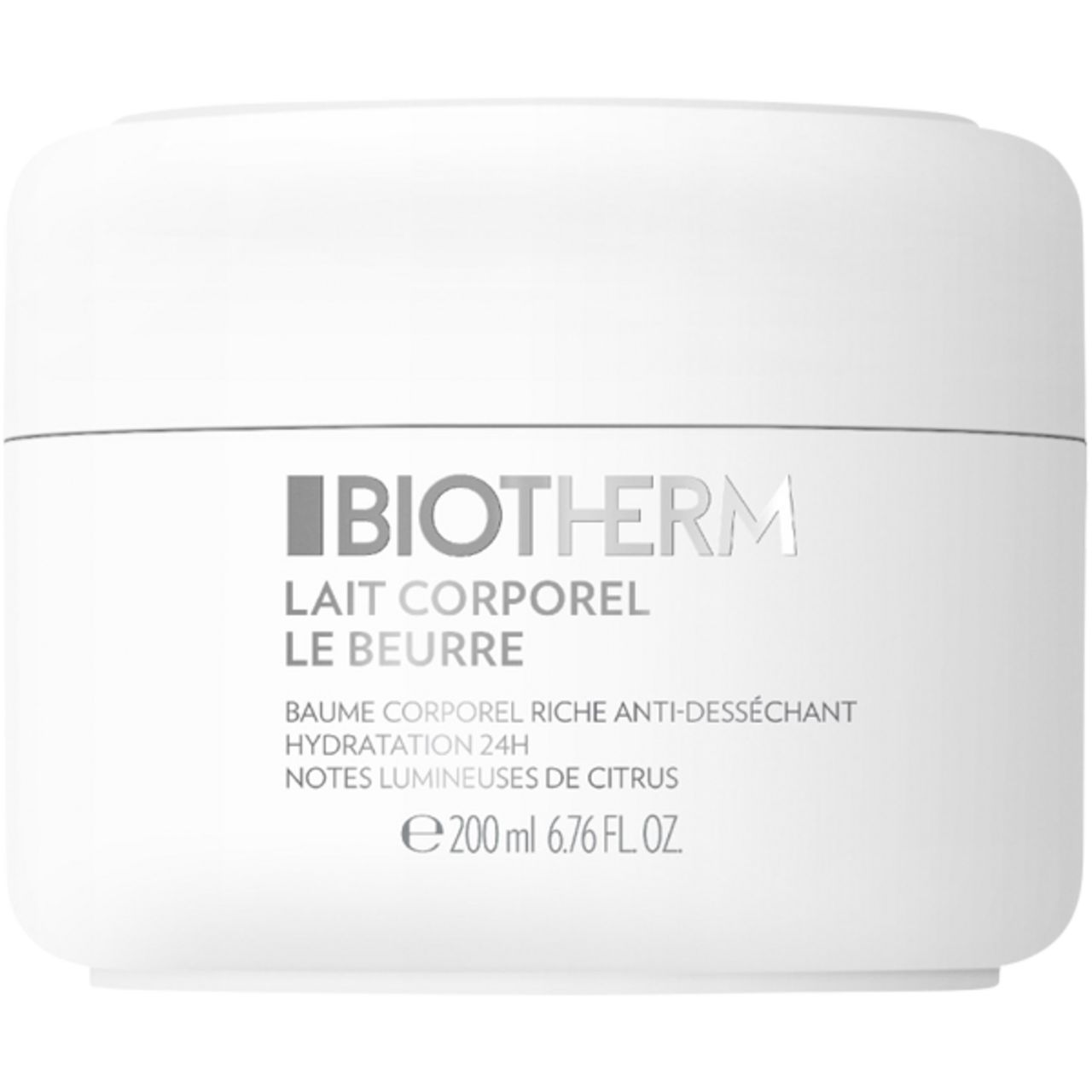 BIOTHERM Lait Corporel Le Beurre. Weiße Dose mit silbernem Logo und Text. 200ml.