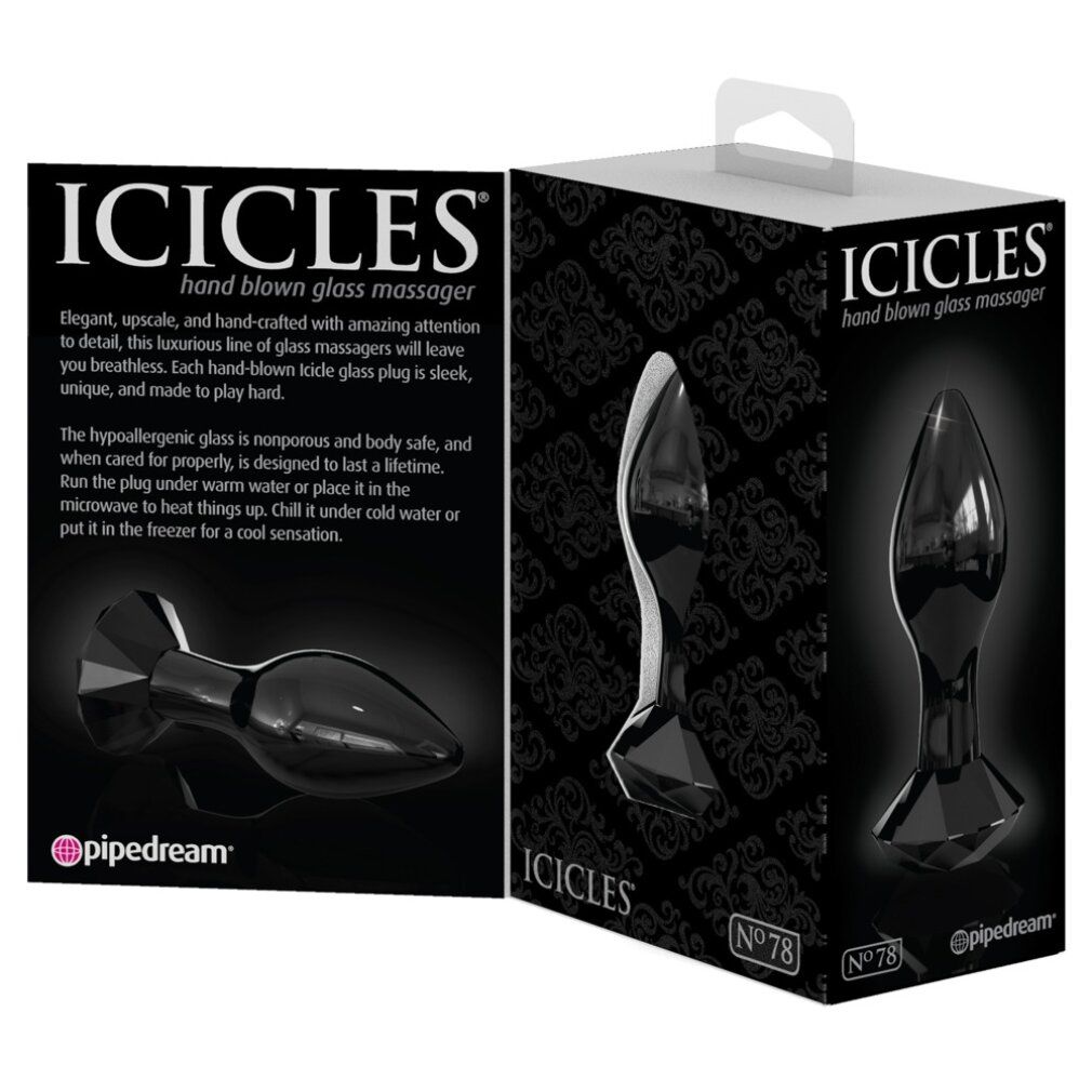 Verpackung mit schwarzem Glas-Analplug. Aufdruck: ICICLES, hand blown glass massager, No. 78. Marke: pipedream.