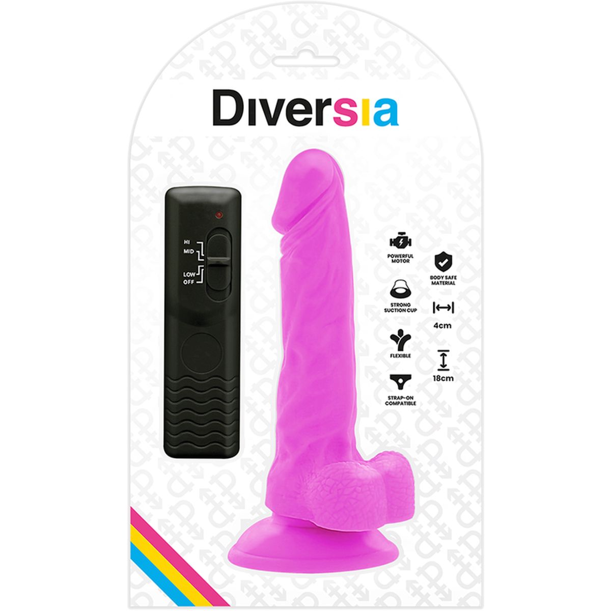 Rosa Dildo mit Hoden und Saugnapf. Schwarze Fernbedienung. Diversia-Verpackung. 18 cm lang.