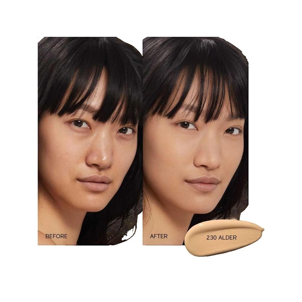 Vorher-Nachher-Vergleich. Frau mit und ohne Foundation. Farbton 230 Alder.