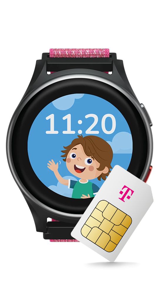 Schwarze Smartwatch mit pinkfarbenem Armband. Rundes Zifferblatt mit Kinder-Illustration und Uhrzeit 11:20. SIM-Karte.