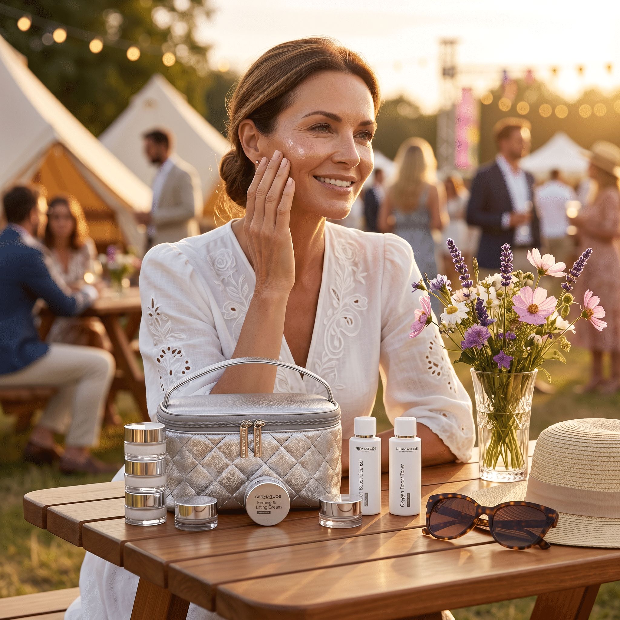 Frau im Freien mit Kosmetiktasche und Tiegeln auf Tisch. Sonnenbrille, Blumen und Hut daneben.