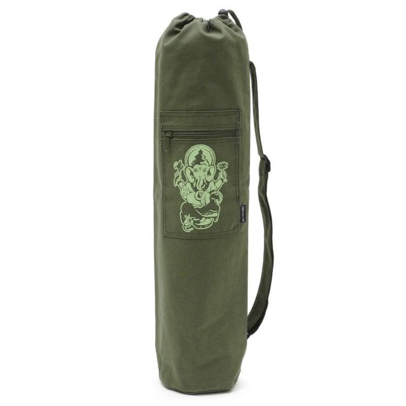 Grüne Yogatasche mit Ganesha-Aufdruck. Längliche Form, Schulterriemen, Reißverschlusstasche.