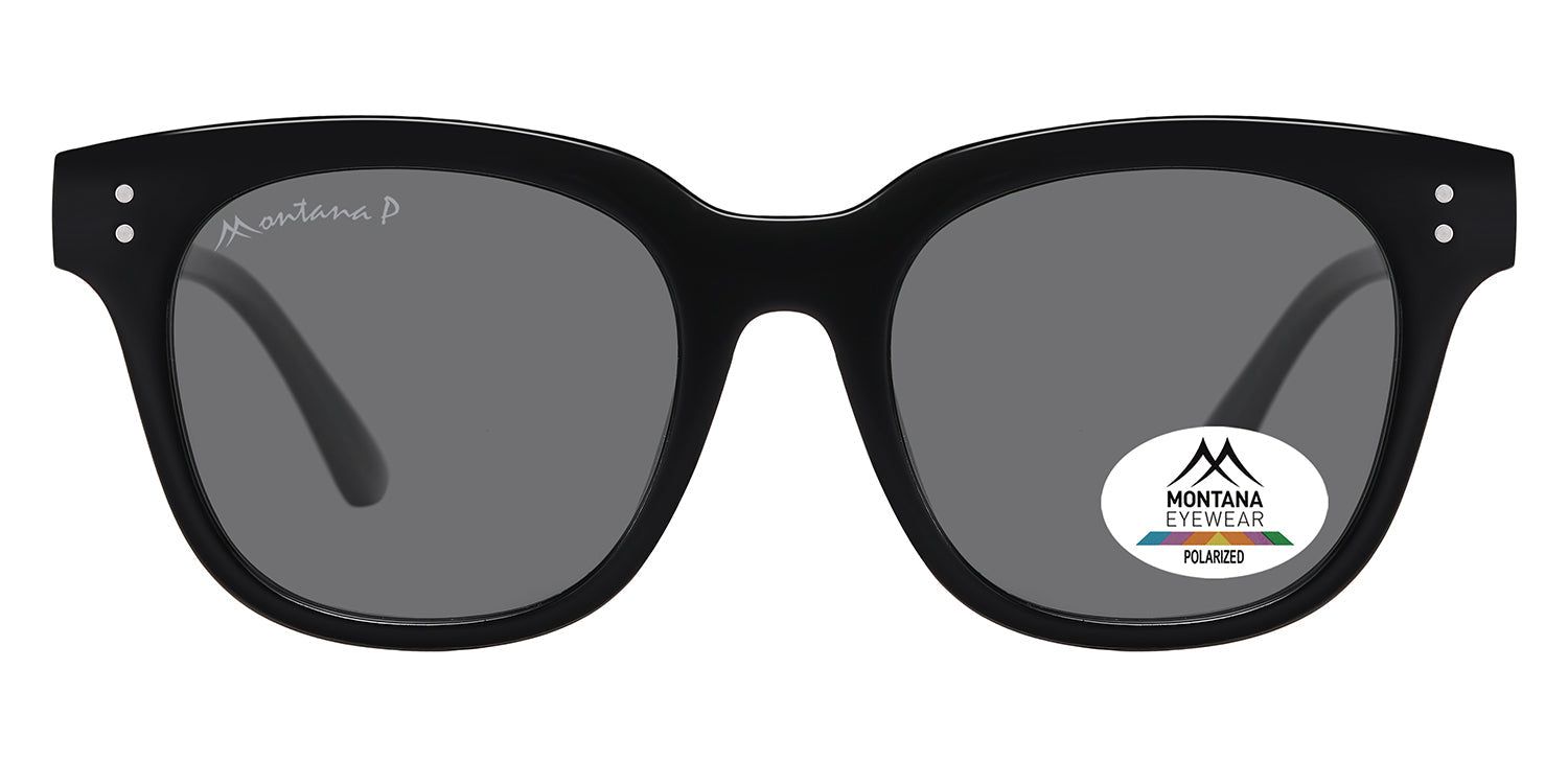 Schwarze Sonnenbrille mit grauen Gläsern. Montana Eyewear Logo und Polarisationsaufkleber. Runde Form.