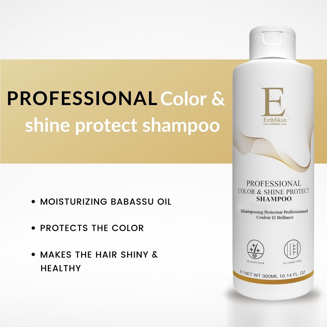 ErthSkin London Professionelles Farb- & Glanzschutzshampoo. Weiße Flasche mit goldfarbenem Etikett. Text: Professional Color & Shine Protect Shampoo.