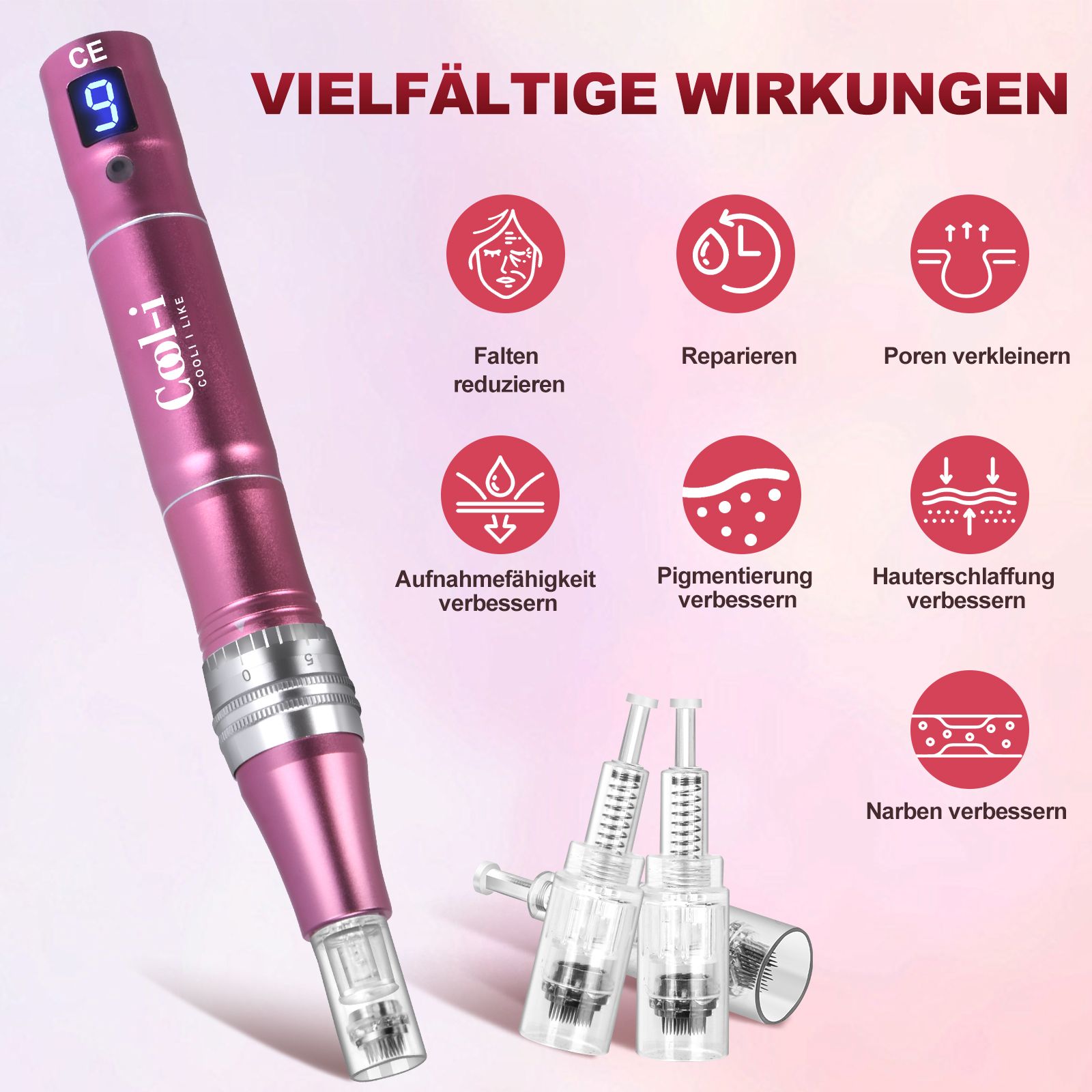 COOL-i Derma Pen mit 7 LED Farben, Mikroneedling Gerät mit 9 Stufen, LCD & 12 Patronen,V2