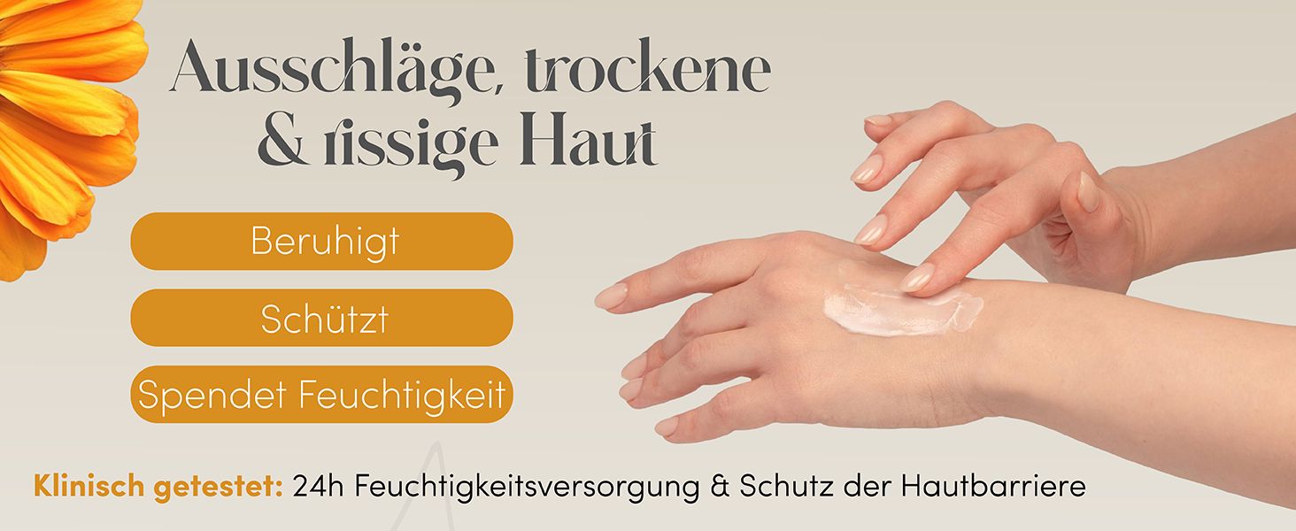Hände tragen Creme auf. Text: Ausschläge, trockene & rissige Haut. Beruhigt, schützt, spendet Feuchtigkeit. Klinisch getestet.