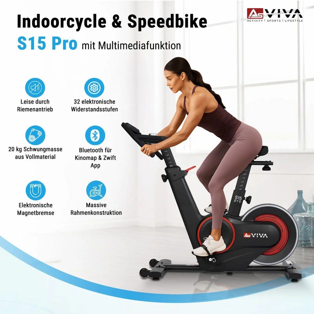 Frau auf AsVIVA Speedbike S15 Pro mit Multimediafunktion, Icons für Funktionen.