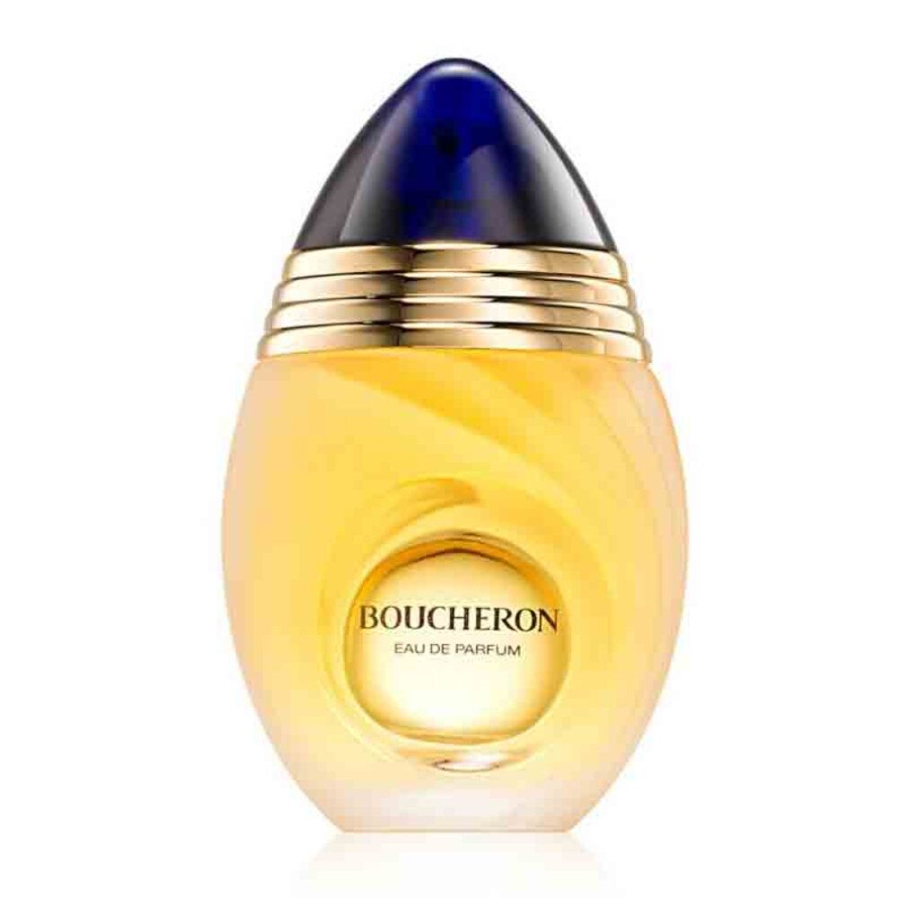 Boucheron Eau de Parfum Flakon in Eiform mit blauem Verschluss und goldenen Ringen.