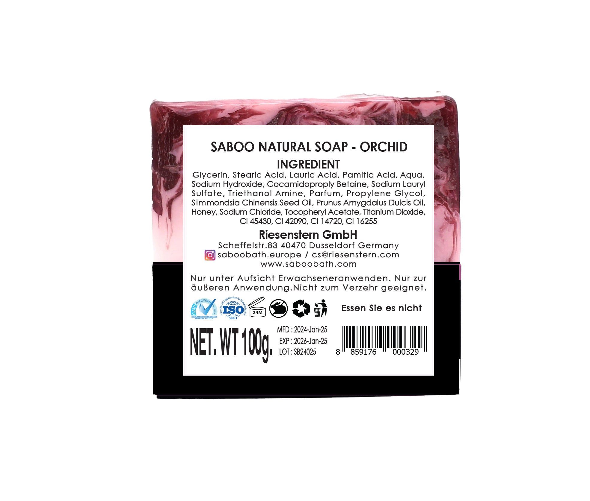Rückseite der Seife mit Zutatenliste und Text: Saboo Natural Soap - Orchid. Enthält ISO-Zertifizierung und Netto-Gewicht.