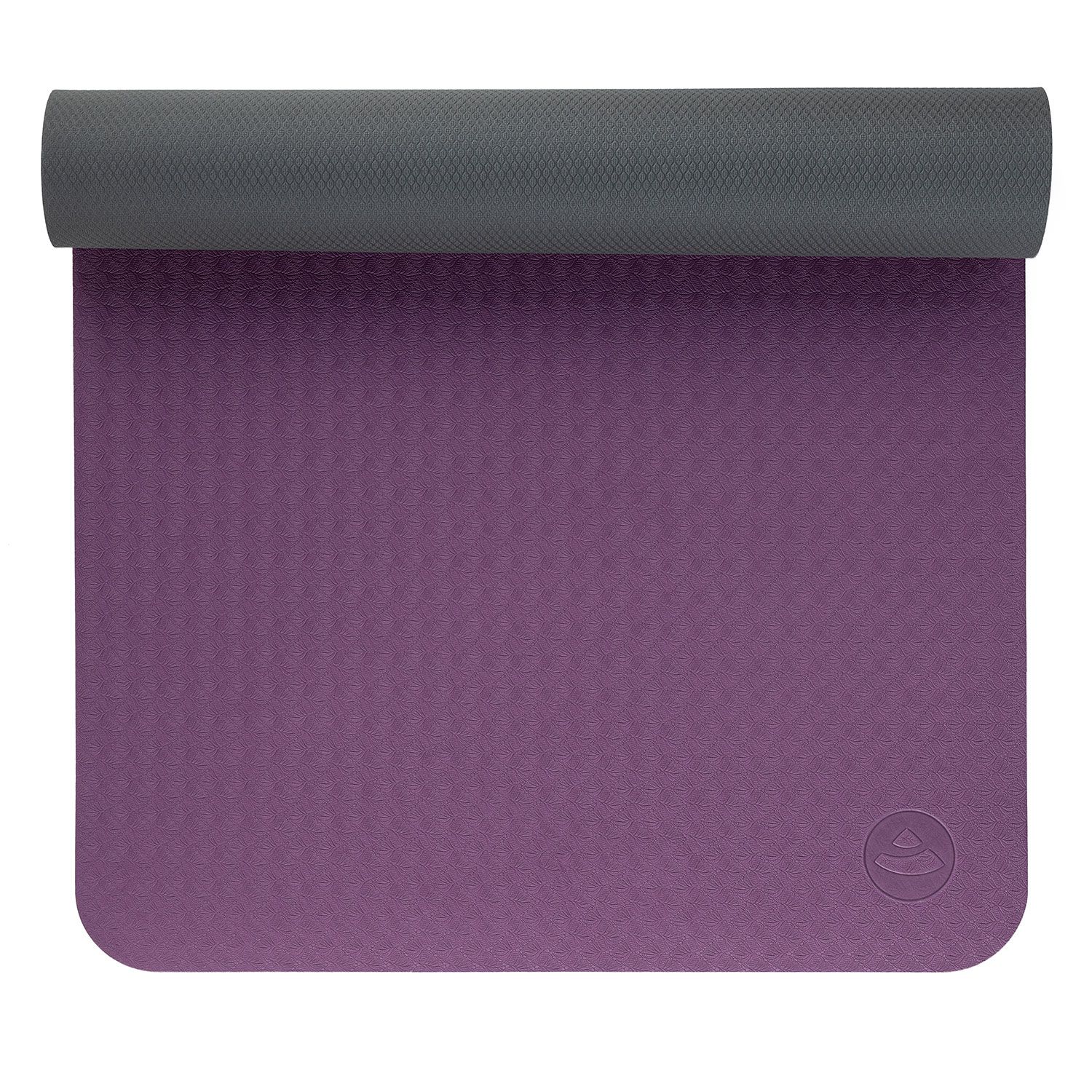 Ausgerollte Yogamatte, violett mit grauem Untergrund. Abgerundete Ecken. Logo sichtbar.