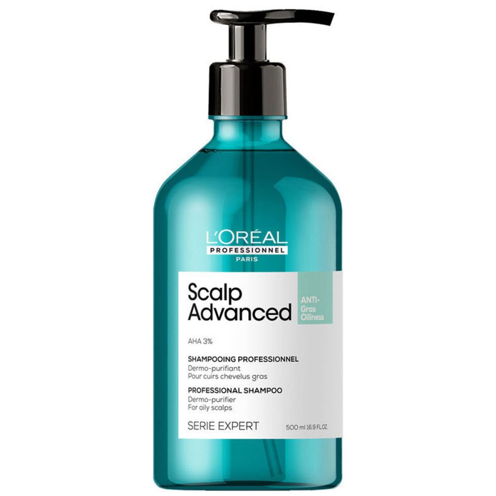 L'Oréal Professionnel Scalp Advanced Shampoo in türkiser Flasche mit Pumpspender. Für fettige Kopfhaut.