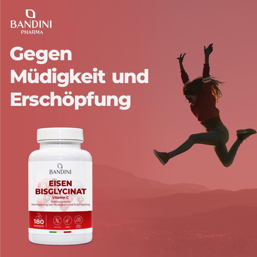 Bandini Eisen-Bisglycinat Kapsel. Weiße Flasche mit roter und weißer Beschriftung. Text: Gegen Müdigkeit und Erschöpfung. Frau springt.