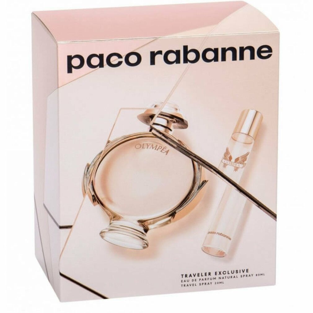 Verpackung mit Paco Rabanne-Schriftzug. Enthält Flakon, Mini-Flakon und Zerstäuber. Olympea-Schriftzug sichtbar.