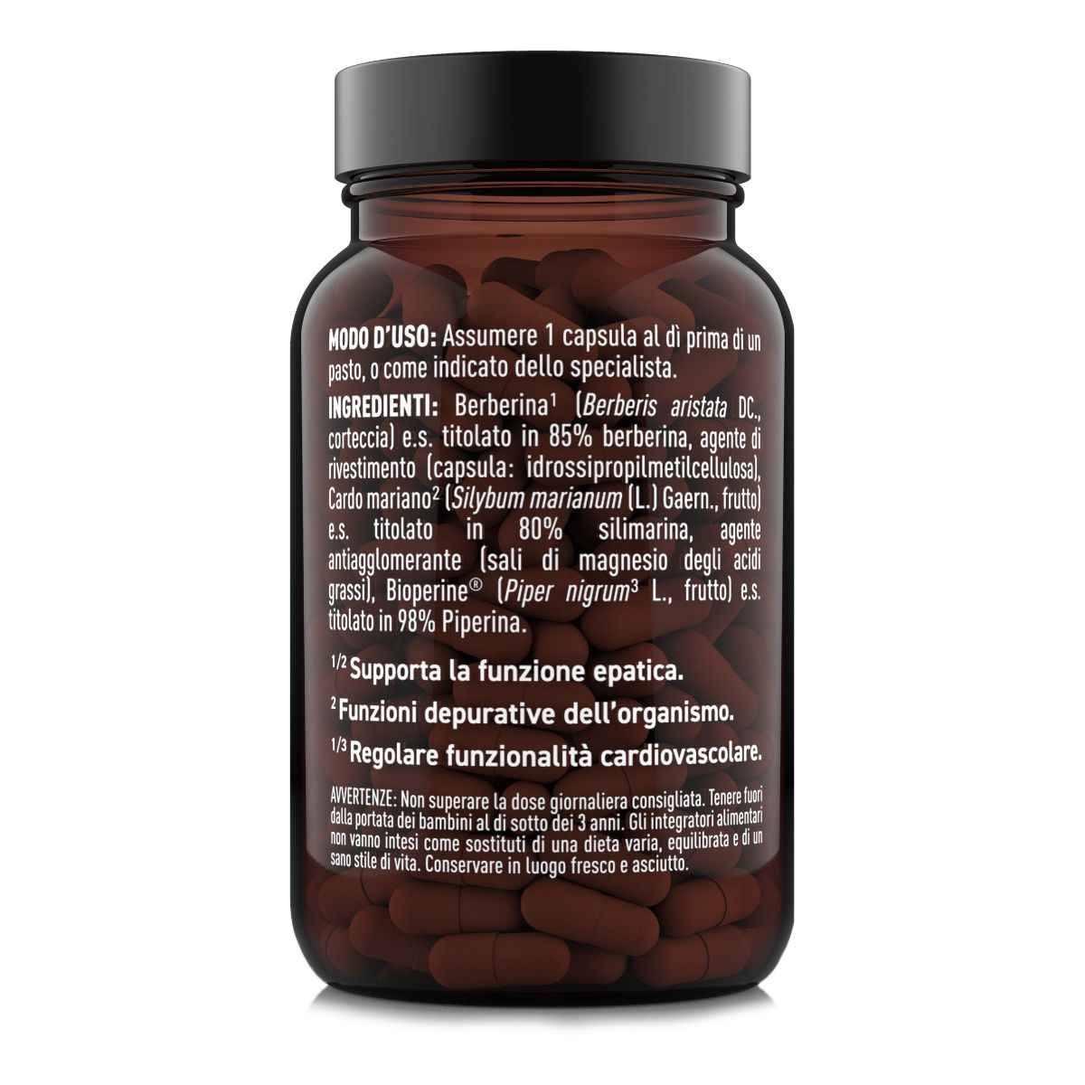 Capsule marroni in un flacone di vetro marrone con tappo nero. Etichetta con ingredienti e istruzioni per l'uso.