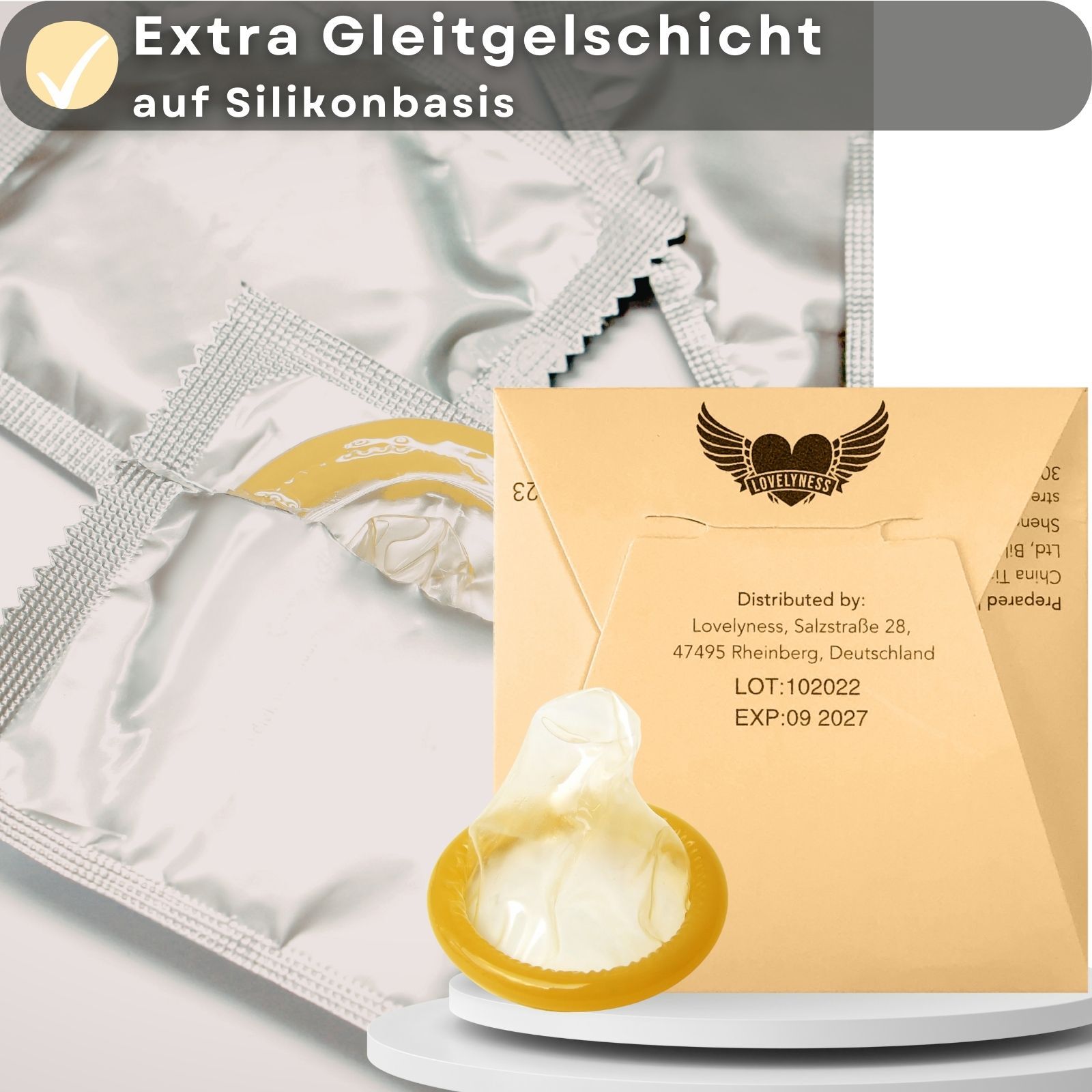 Kondom mit Pfirsichgeschmack, einzeln verpackt. Verpackung mit Logo und Pfirsich-Symbol.