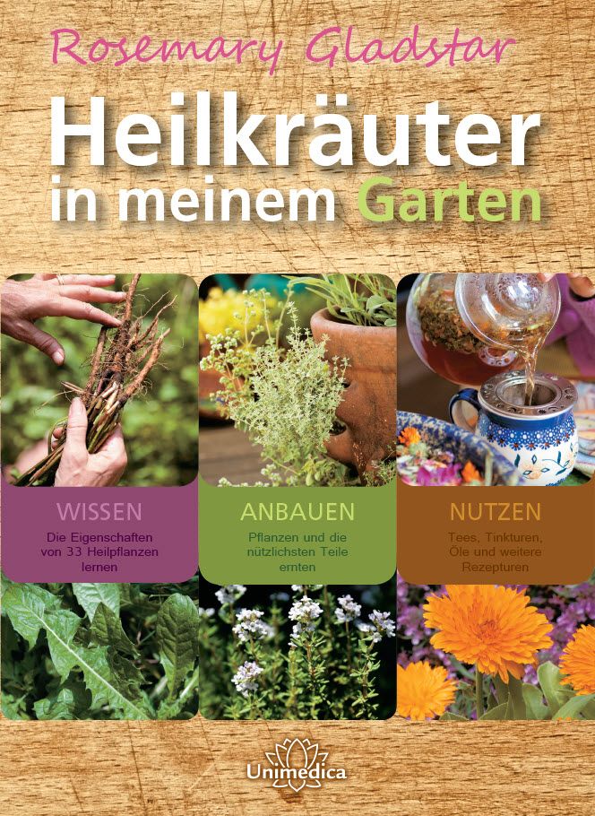 Buchcover: "Heilkräuter in meinem Garten". Titel und Autor sichtbar. Illustrationen von Kräutern und Zubereitungen.