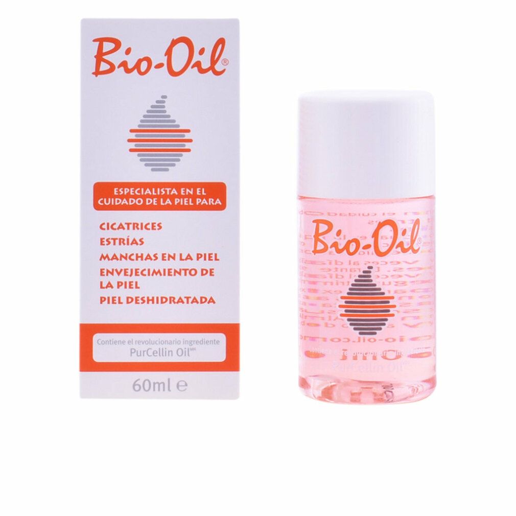 Bio-Oil Flasche und Verpackung. Weiß, orange und rosa. Text: Narben, Dehnungsstreifen, Hautunreinheiten, Hautalterung, dehydrierte Haut.