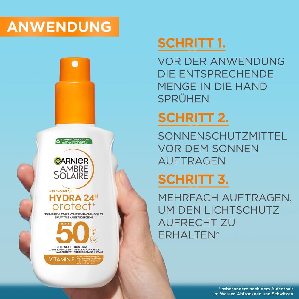 Hand hält Sonnenschutzspray. Text: Garnier Ambre Solaire Hydra 24H Protect+, LSF 50. Anwendungsschritte.