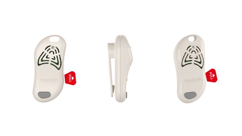 Drei beige Geräte.  Roter Zugband.  Gerät mit Clip.  Gerät mit Loch.  'TICKLESS' Text.