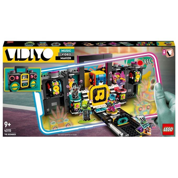 Set LEGO VIDIYO The Boombox. La confezione mostra un set colorato che rappresenta un palco con vari personaggi ed elementi. Il set è destinato a bambini dai 9 anni in su e include una forma di boombox.