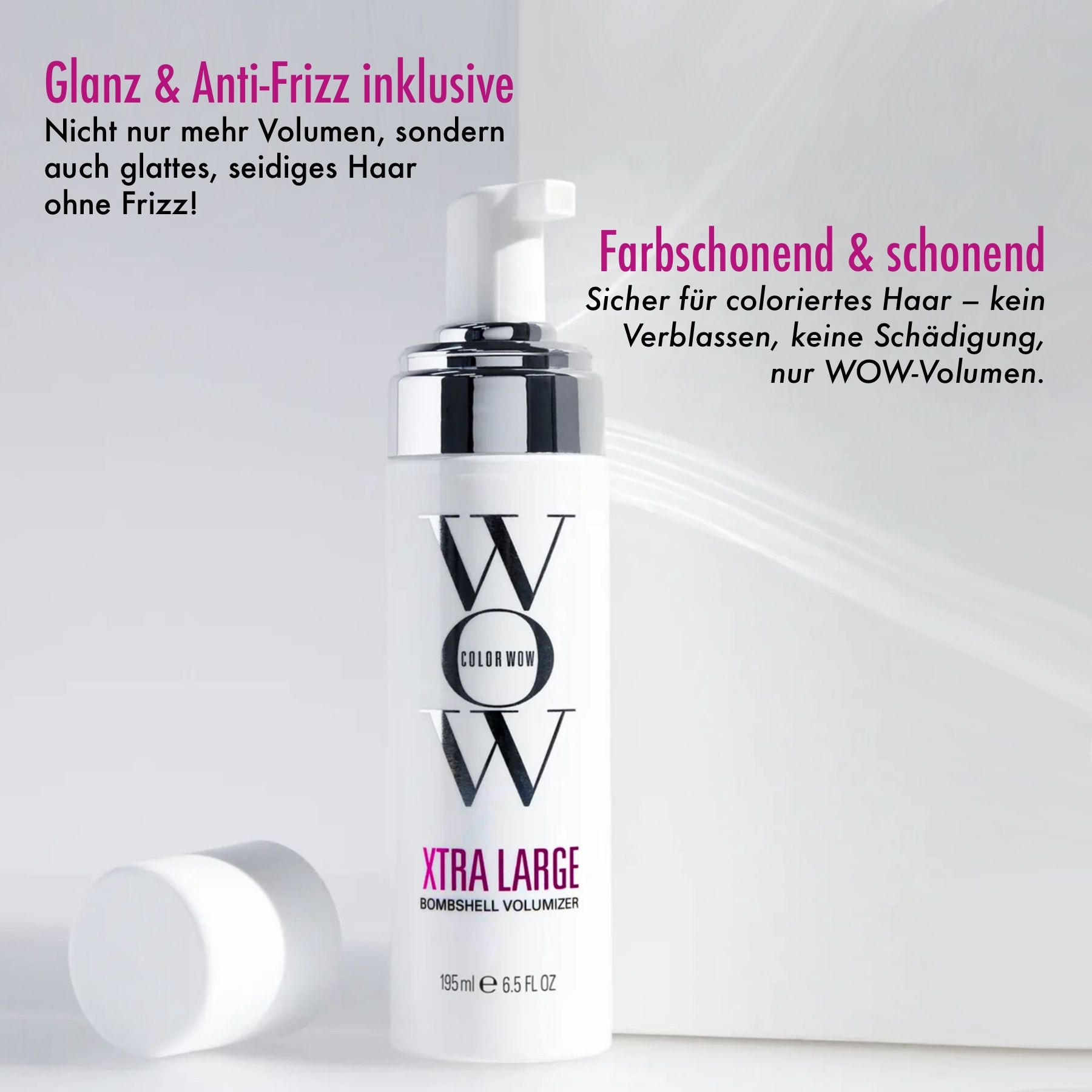 Eine Flasche COLOR WOW Xtra Large Bombshell Volumizer. Weißes Design mit silbernen Akzenten und rosa Schrift.