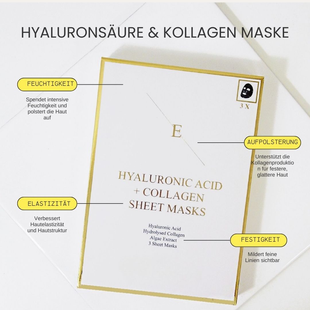 Verpackung mit Text: Hyaluronsäure & Kollagen Maske. Auf der Verpackung sind Vorteile und Inhaltsstoffe aufgeführt.