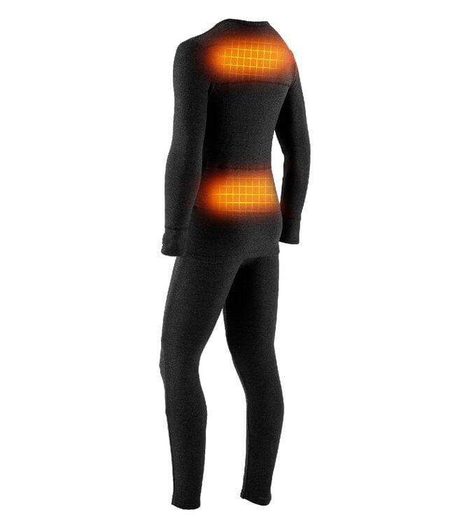 Dunkelgraue Thermo-Unterwäsche, zweiteilig. Heizbereiche an Rücken und Lendenwirbeln. Rückansicht.