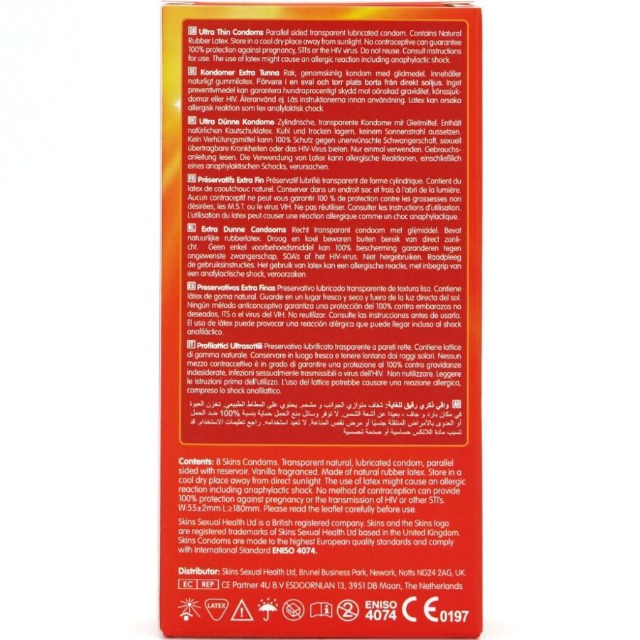 Rückseite der Verpackung mit Produktinformationen. Enthält Text in mehreren Sprachen. Orangefarbener Hintergrund.