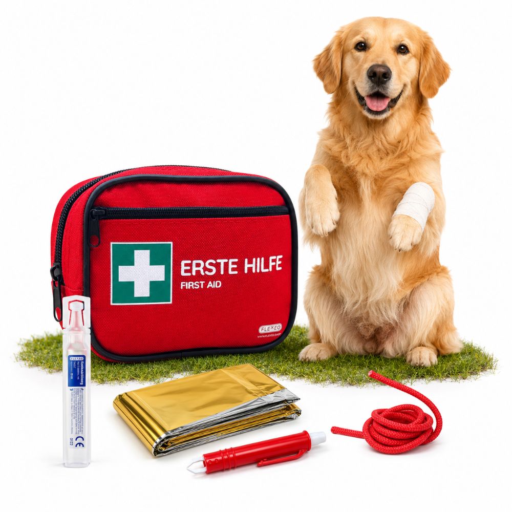 Rotes Erste-Hilfe-Set, Zubehör: Kochsalzlösung, Rettungsdecke, Zeckenzange, Verband. Hund mit Verband am Bein.