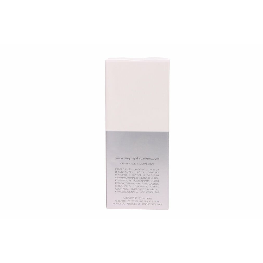 Verpackung. Weiß-grau. Aufschrift: ISSEY MIYAKE. Text mit Inhaltsstoffen und Warnhinweisen. Rückseite.