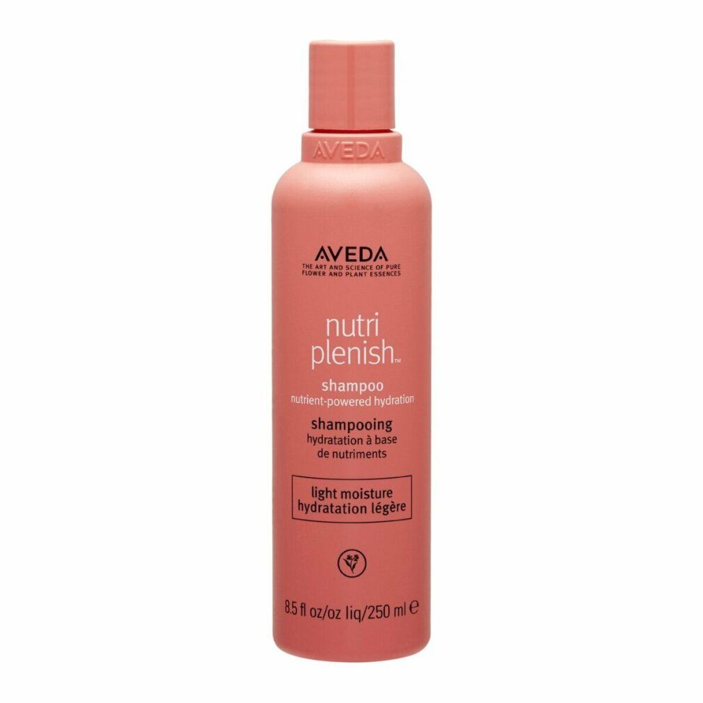Rosa Shampoo-Flasche mit Aveda-Logo und Nutriplenish-Schriftzug. Text: light moisture, shampooing hydratation à base de nutriments. Vegan-Logo.