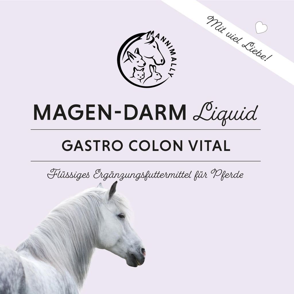 Produktetikett mit Text: Magen-Darm Liquid, Gastro Colon Vital. Logo mit Pferd. Weißes Pferd im Hintergrund.