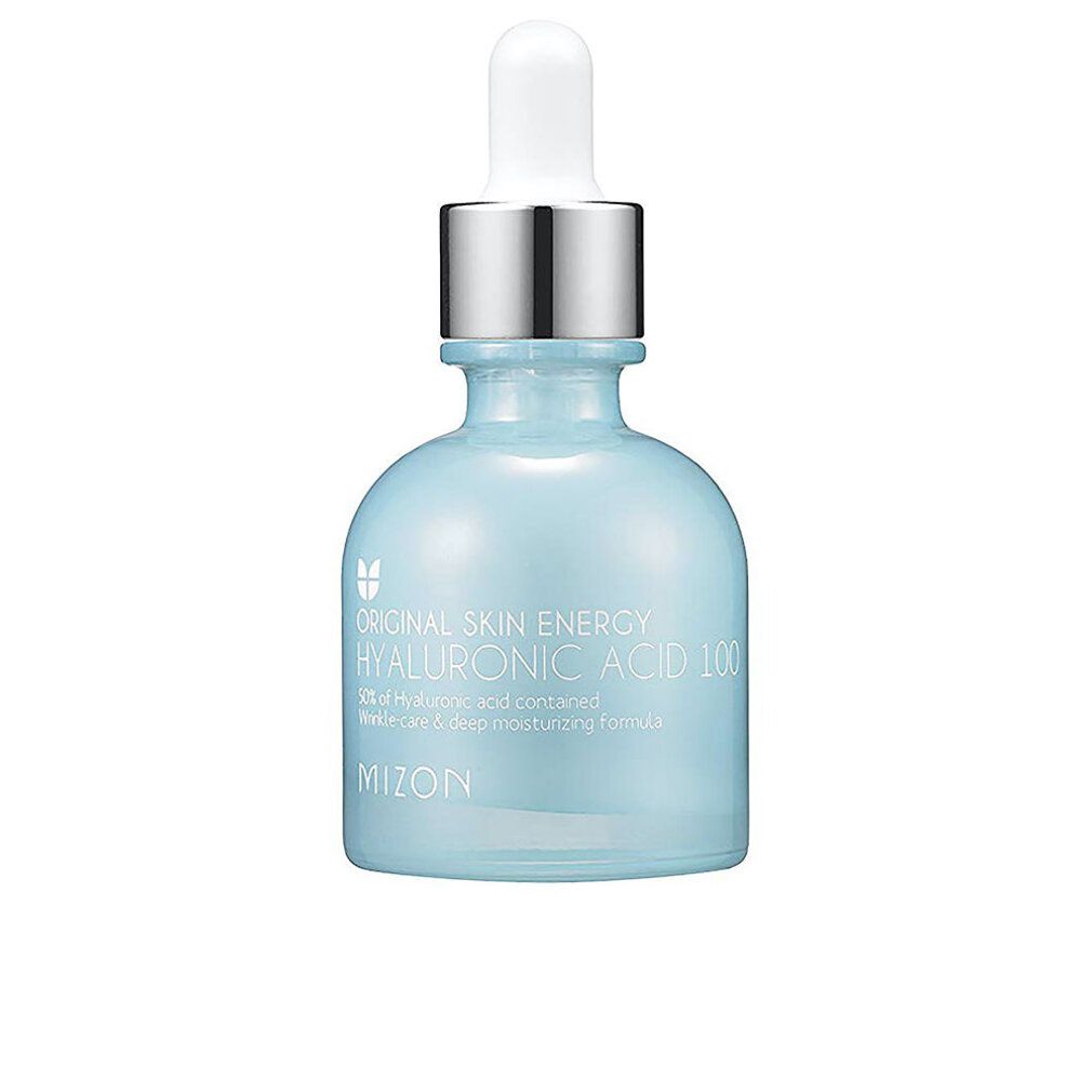 Hellblaue Flasche mit silbernem Deckel und Pipette. Aufschrift: Original Skin Energy Hyaluronic Acid 100. Marke: Mizon.