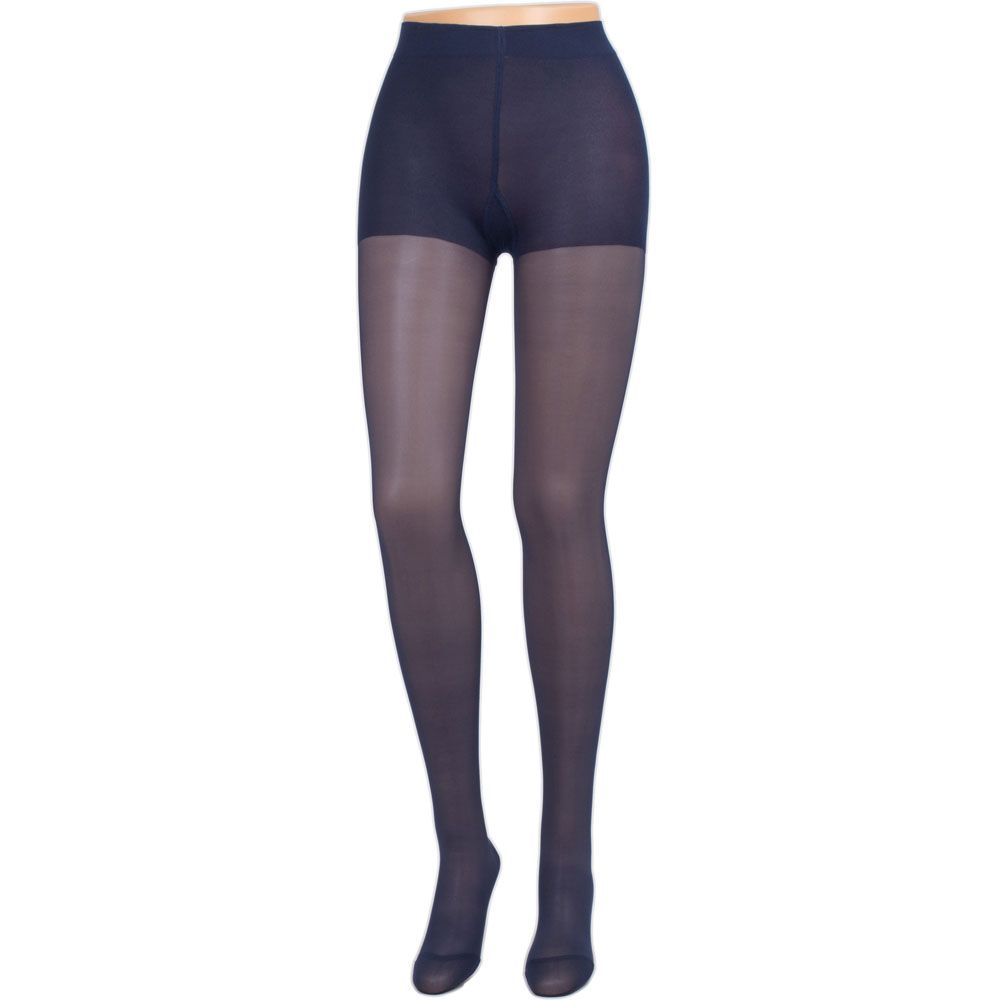 Dunkelblaue Kompressionsstrumpfhose an Schaufensterpuppenbeinen. Mit verstärktem Bund und Fußteil.