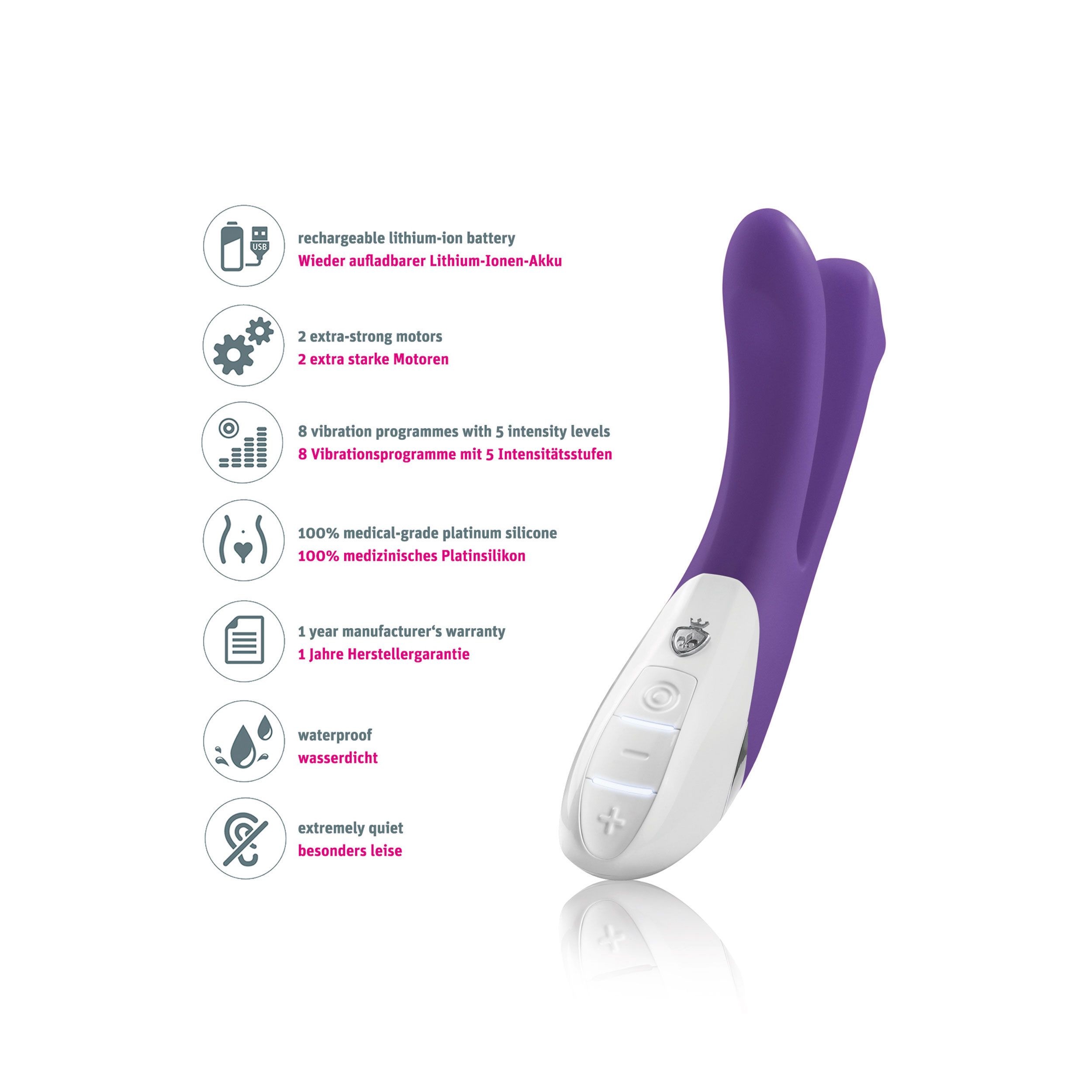 Vibrator mit zwei Armen. Informationen: Akku, Motoren, Vibrationsprogramme, Silikon, Garantie, wasserdicht, leise.