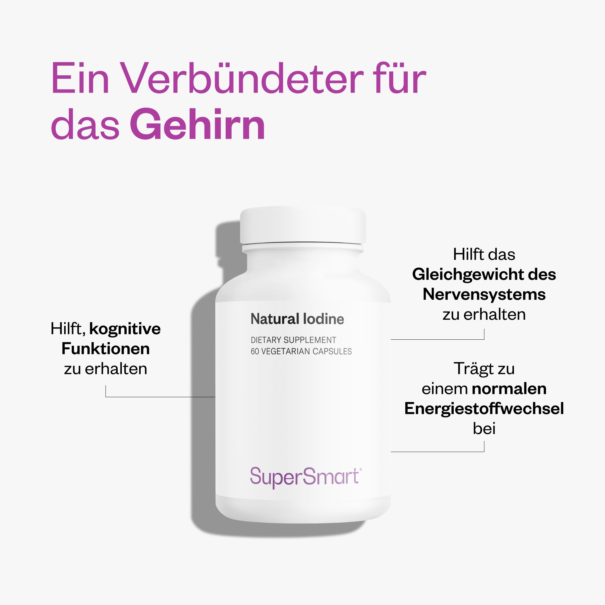Weiße Flasche mit 'Natural Iodine' und 'SuperSmart' Schriftzug. Text in deutscher Sprache. Produkt für das Gehirn.