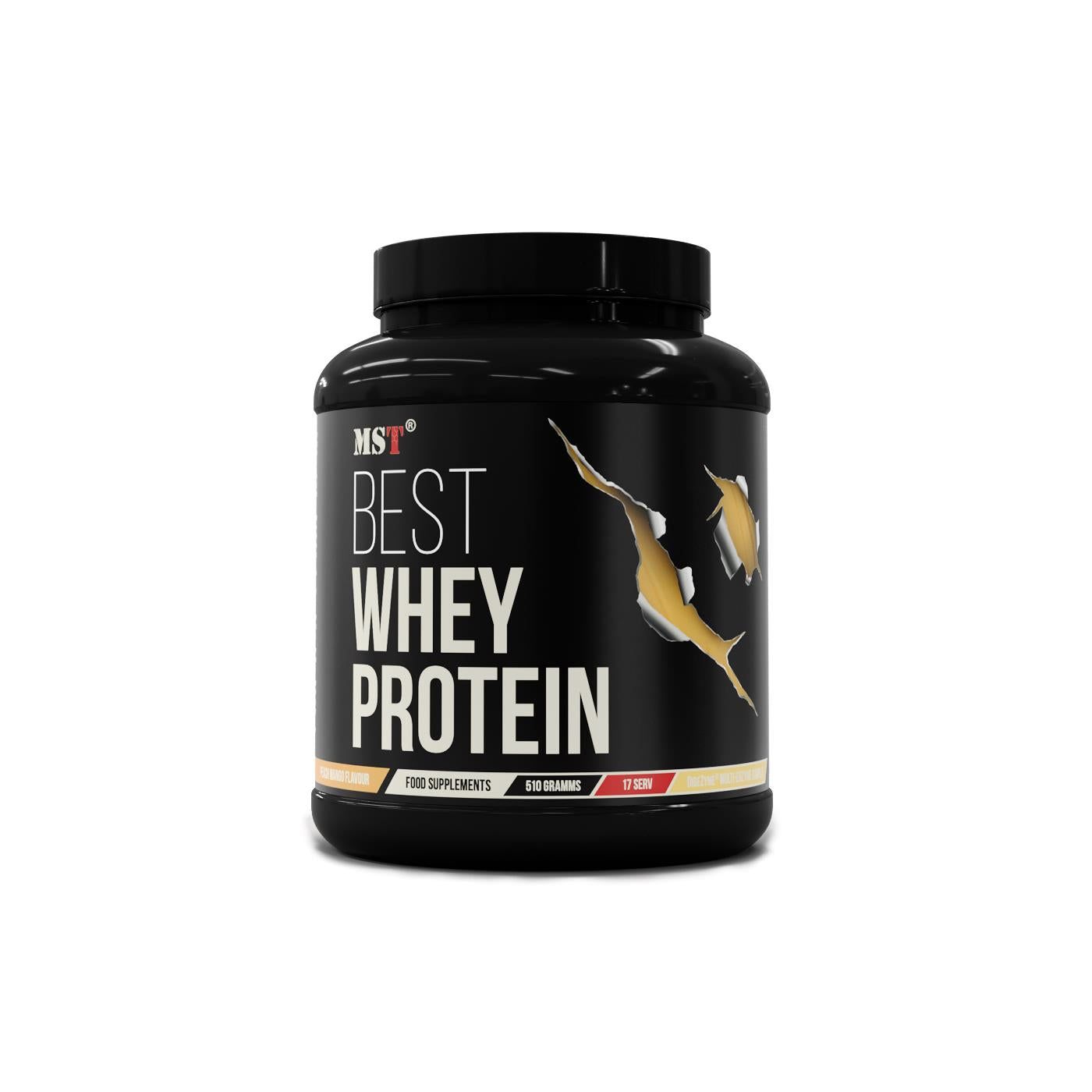 Schwarze Dose MST Best Whey Protein. Aufschrift: Best Whey Protein. Goldene Kratzspuren. 510 Gramm.