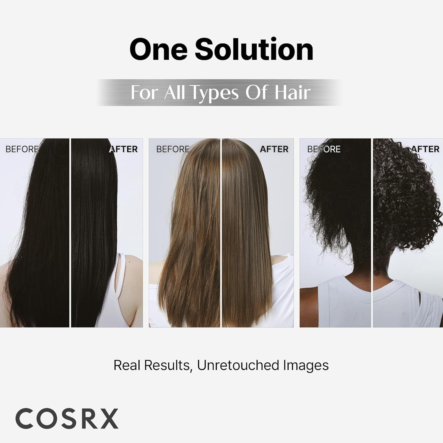 Drei Bilder zeigen Haartypen: schwarz, braun, lockig. Text: One Solution For All Types Of Hair. Peptide 132.