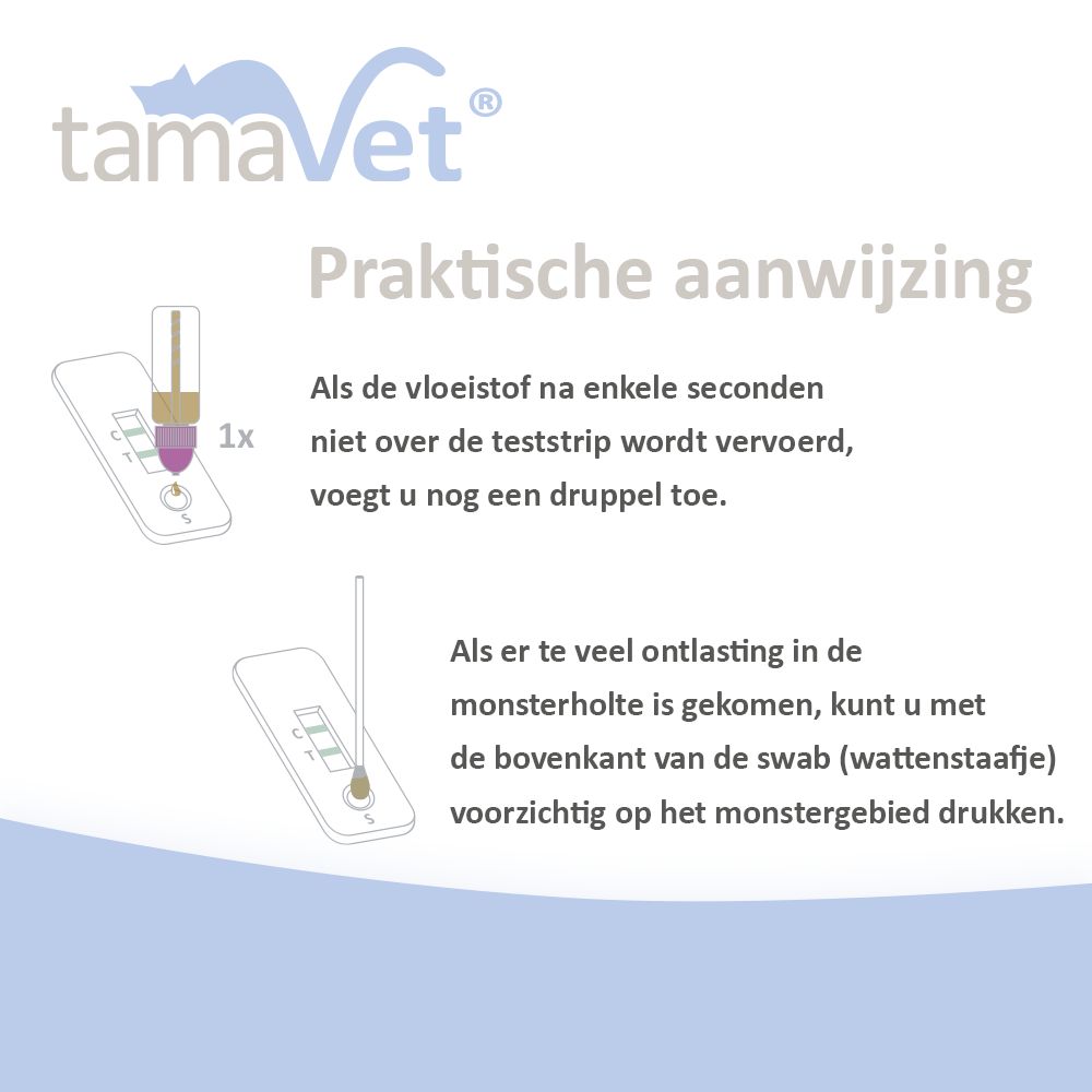 Instructies: Vloeistof op teststrip aanbrengen. Bij te veel ontlasting, wattenstaafje gebruiken.