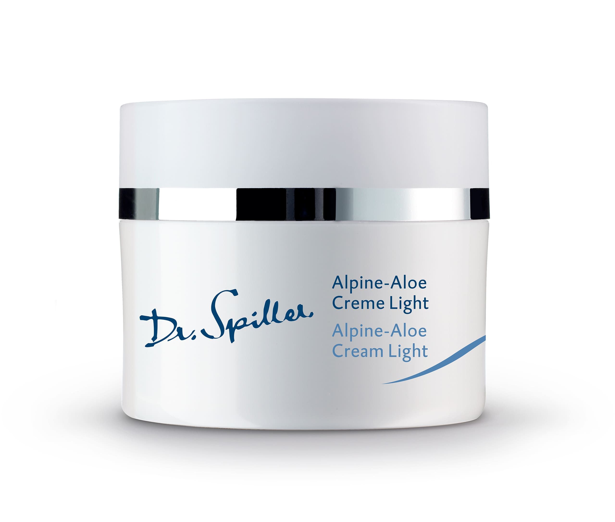 Weiße Creme Light Dose von Dr. Spiller. Silberner Ring am Deckel, blaue Schrift. Produktname und Logo.