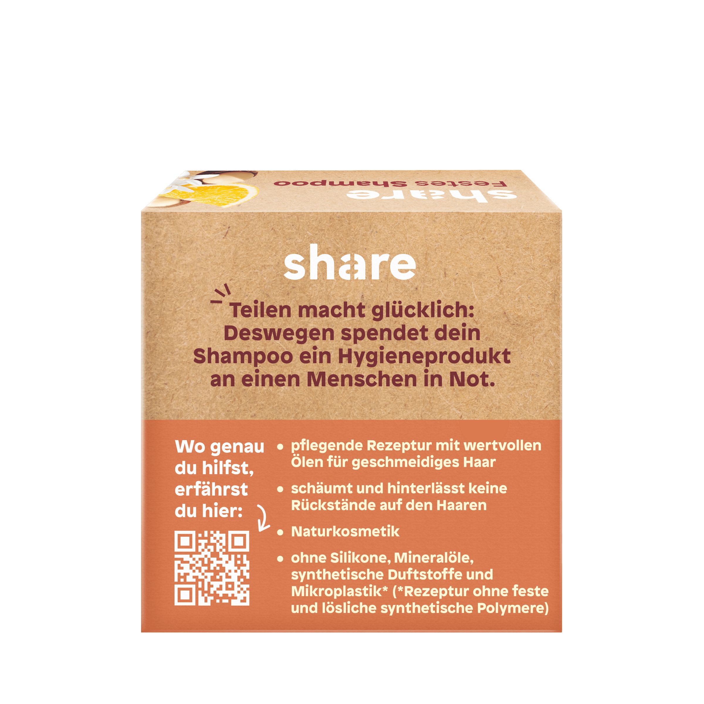 Rückseite der Kartonverpackung. Text: "share". QR-Code und Text über Spenden eines Hygieneprodukts.
