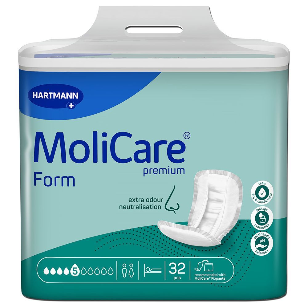 Hartmann MoliCare Premium Form Vorlage. Verpackung mit 32 Stück. Mit Geruchsneutralisation und pH-hautneutral.